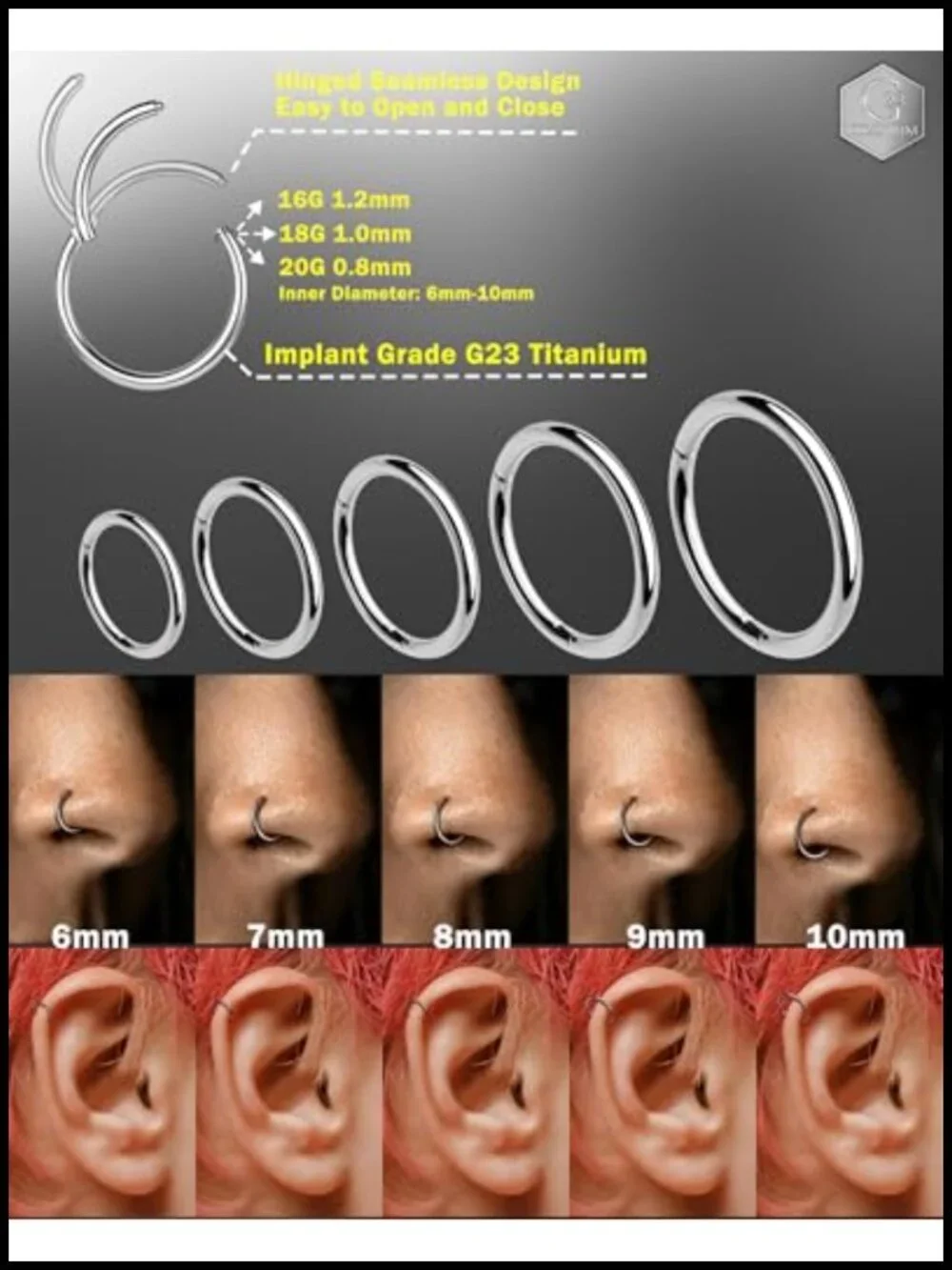 Titanium Nose Rings Hoops Hinged Clicker Piercing Jewelry Surgical Steel Helix